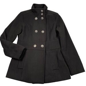 Liz Claiborne Pea Coat Womens Small Black Double Breasted Silver Crest Buttons